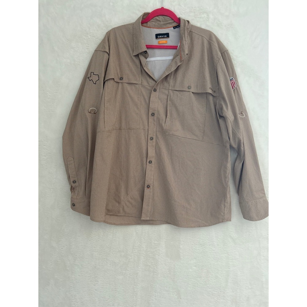 Orvis Mens XL Active Fit Fishing‎ Shirt Tan Gingham Texas RAGA Patch Long Sleeve